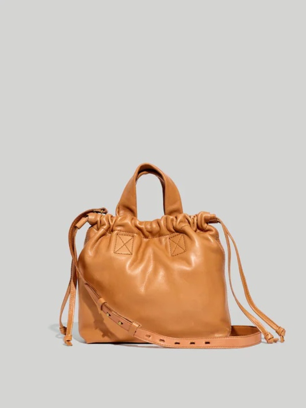 Madewell Tan Leather Drawstring Tote Bag with Shoulder Strap